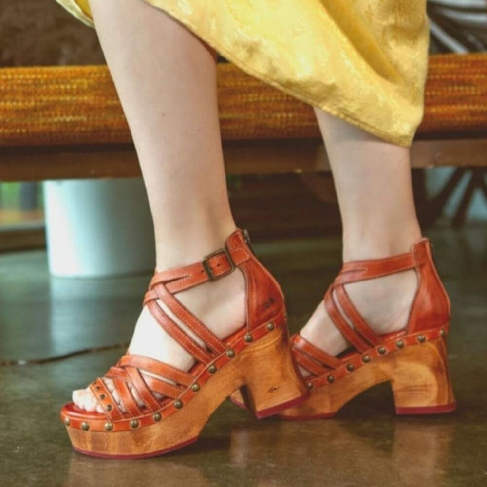 BED STU Antonelli Cognac PLATFORM SANDALS WOMEN 7.5 39 Wood Leather Bohemian
